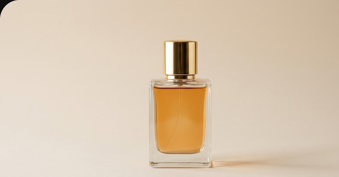 Frasco de perfume com acabamento clean, rótulo legível