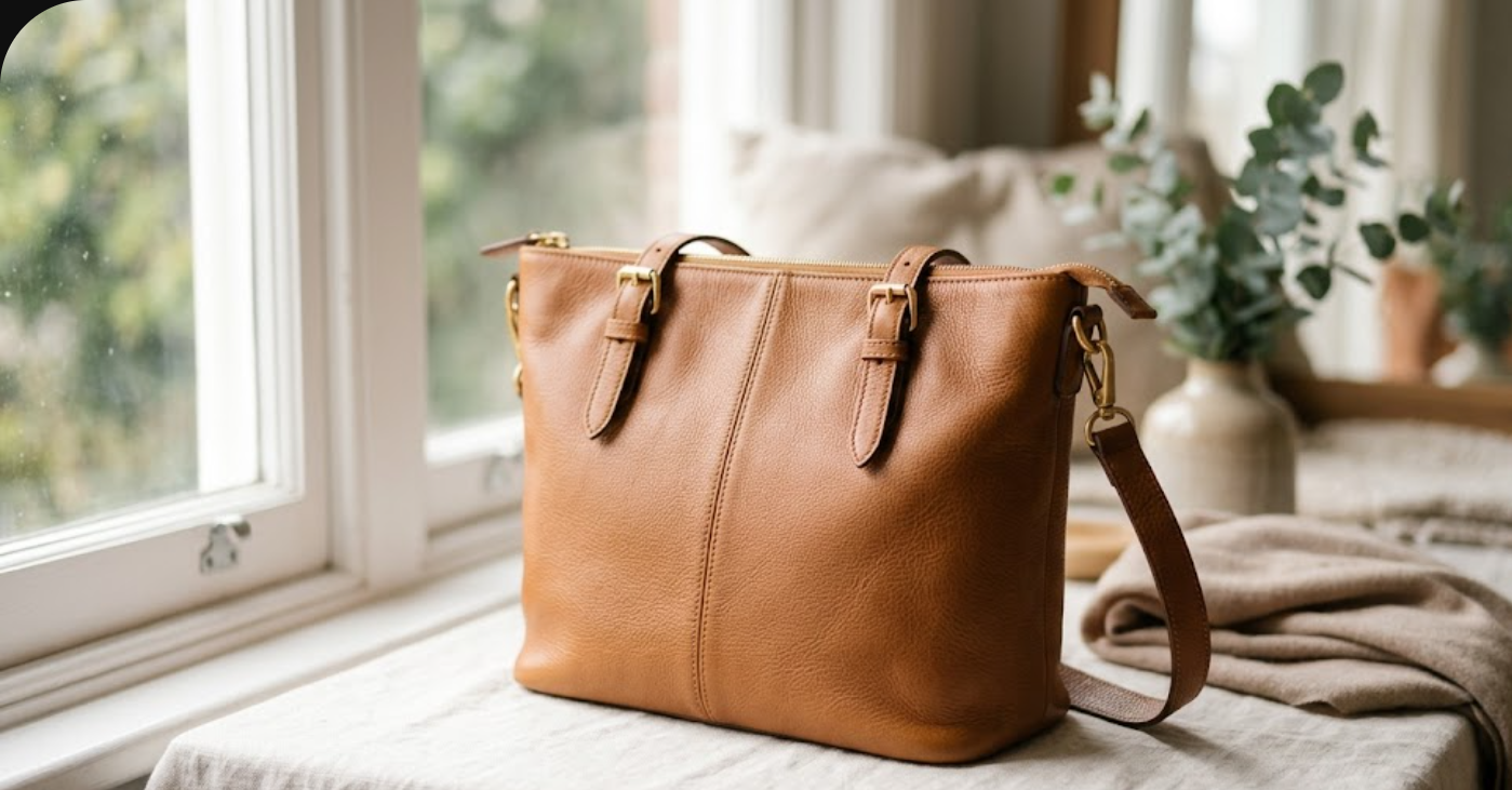 Bolsa em cenário lifestyle, luz quente e fundo coerente