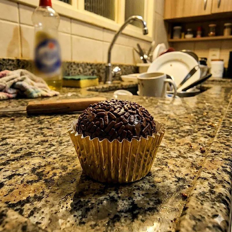 Antes: brigadeiro na mesa da cozinha, luz amarela
