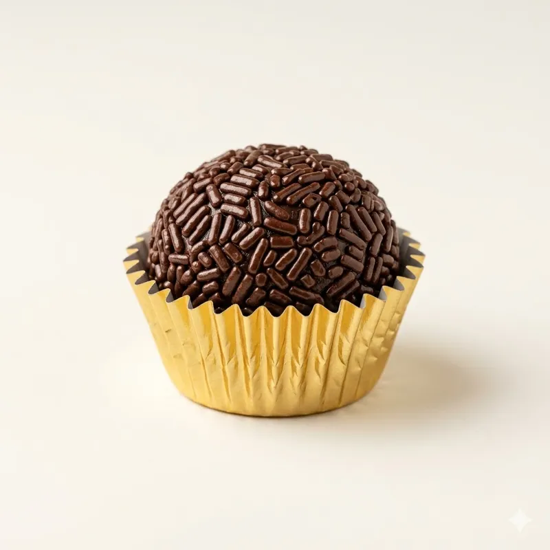 Depois: brigadeiro sobre fundo limpo, luz suave, foco no brilho