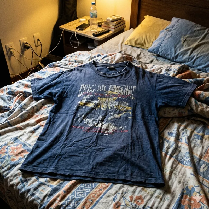 Antes: camiseta de brechó amassada na cama