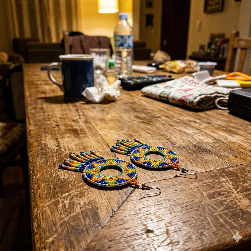 Antes: brinco artesanal sobre a mesa, foto caseira