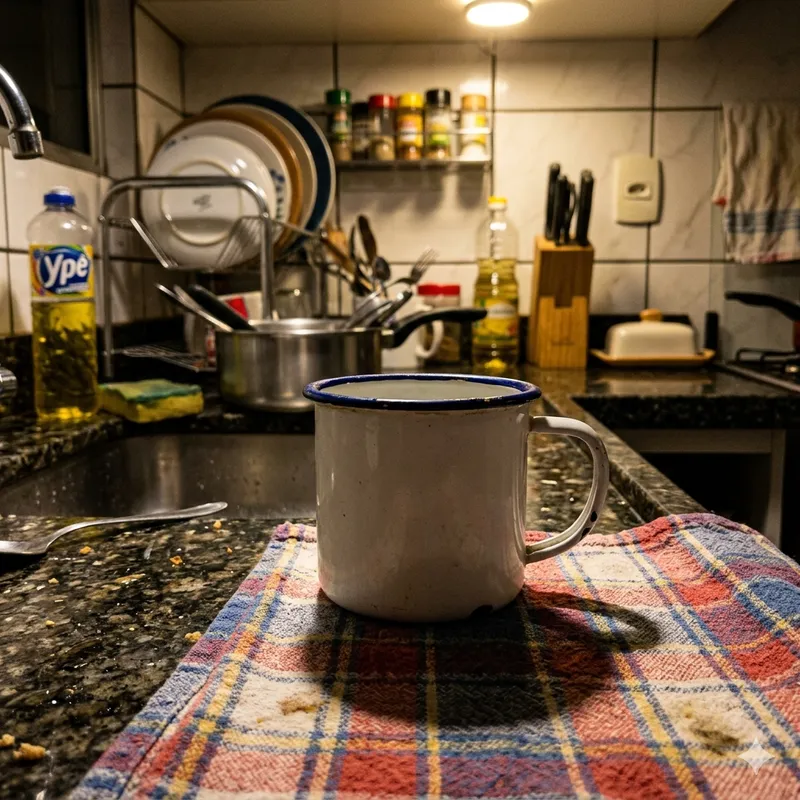 Antes: caneca na bancada de casa, luz amarela
