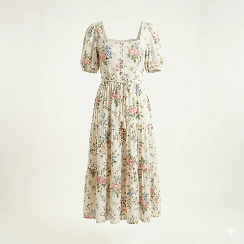 Vestido floral de brechó com caimento de catálogo, fundo neutro